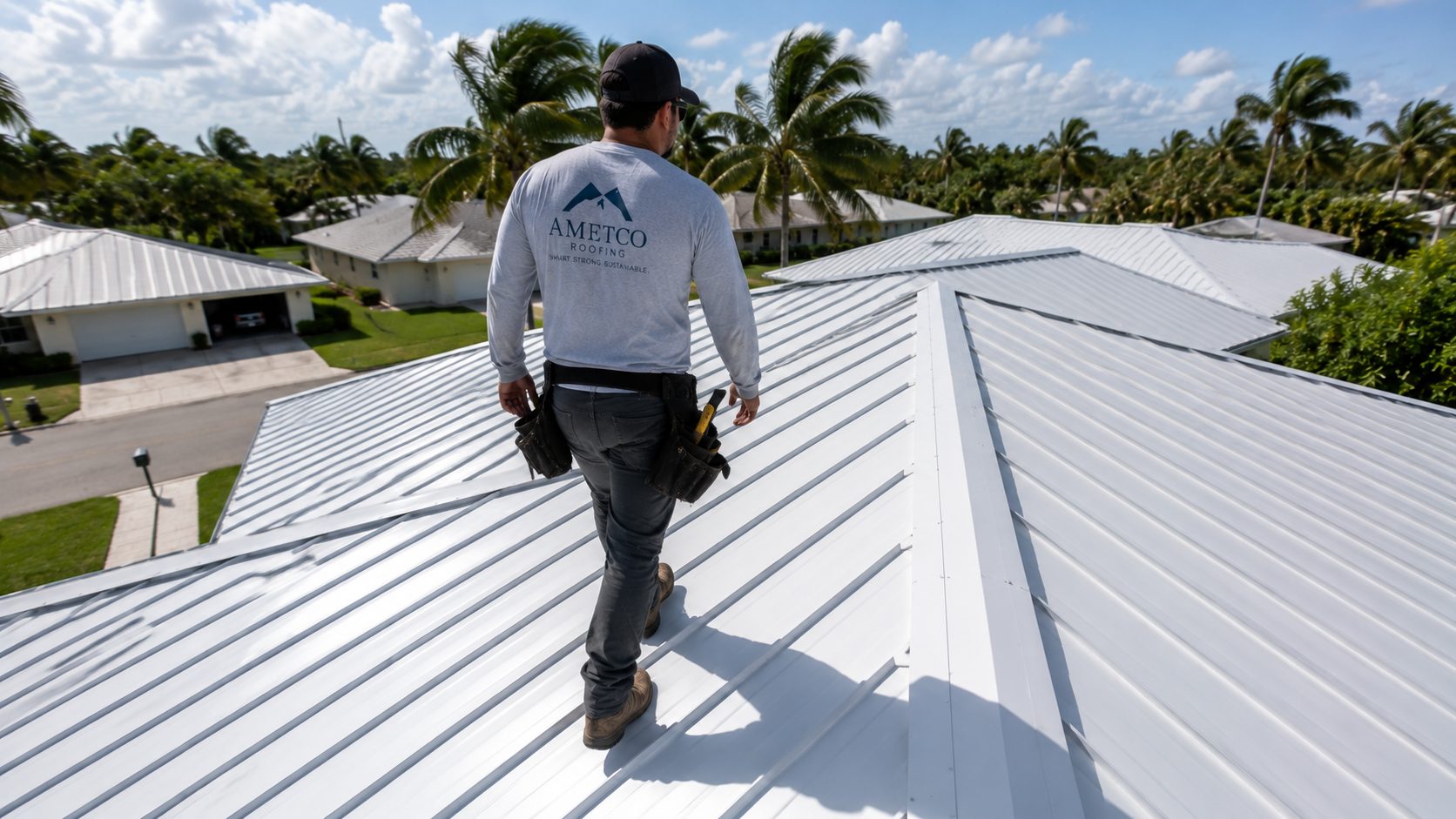 Ametco roofer walking finished white standing seam roof, Palm Beach neighborhood